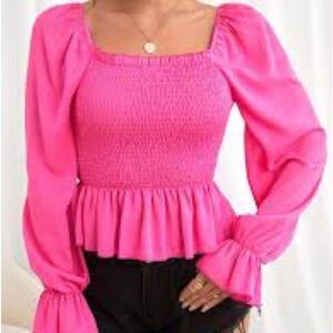 Pink Ruffled Puff Sleeve Smocked Top